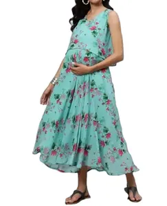 Gaun bersalin wanita, gaun kehamilan mode cetak bunga palsu tanpa lengan dua potong Set pakaian menyusui