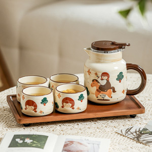 Wholesale <b>Tea</b> Infuser <b>Pot</b> and Cup <b>Set</b> Cute Ceramic <b>Tea</b> <b>Set</b> with Wooden Tray - Product Image 1