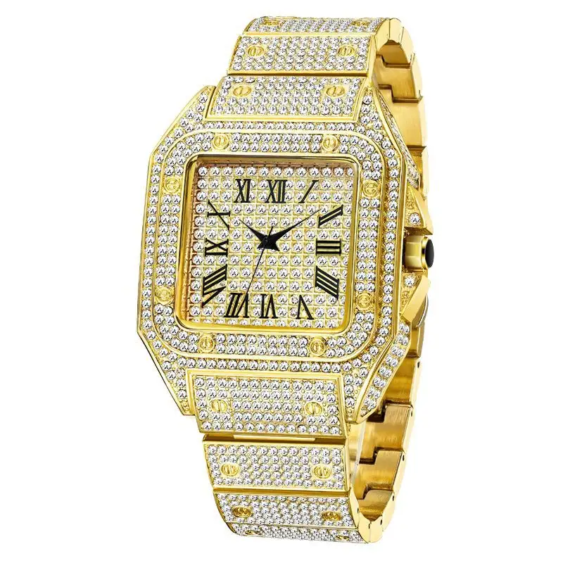 Hot Selling Iced Out Hip Hop Jewelry Luxury Roman Numerals Micro Pave Rhinestones Bling Rectangle Quartz Watches For Men