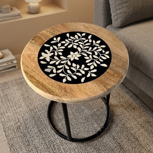 Mesa Auxiliar de Estilo Moderno con Incrustaciones de Hueso, Madera Natural y Resina, Mesa de Centro Redonda para Sala de Estar, Mueble de Lujo y Elegante para Decoración del Hogar - Product Image 1