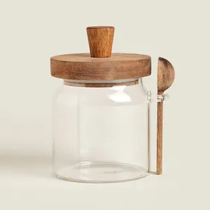 热卖独特的圆形大500毫升玻璃储物香料罐，带竹盖和勺子