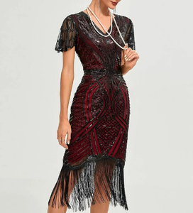 Offre Spéciale – Robe Midi Moulante <span class=keywords><strong>Femme</strong></span> Style Années 20, Vintage, Bordeaux Uni, à Paillettes, Franges et Manches en Dentelle, Col en V, Taille Naturelle, Écologique - Product Image 4