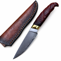 Couteau à lame fixe multi-usage en acier à trois composants avec manche en laiton et bois de santal et étui en cuir pour la chasse, le camping et l'EDC