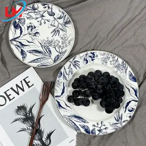 French Ceramic Dinner Plate Blue Flower Porcelain Brunch Dessert Pasta Plate for Home Restaurant Hotel