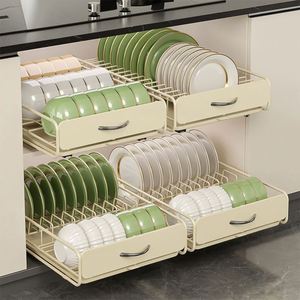 Étagère à vaisselle coulissante pliable et détachable en métal pour armoire de cuisine, avec rails de glisse sans perçage pour le rangement des assiettes et des ustensiles de cuisine - Product Image 1