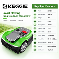 Tondeuse robot KEGGIE CE RoHS avec caméra, 3000m², 4.0Ah, largeur de coupe 22cm, hauteur de coupe 25-60mm, 8 niveaux de réglage, cartographie WiFi, IPX5, 60dB