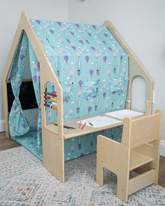 บ้านเด็กเล่นในร่ม 5-in-1 พร้อมโต๊ะ เก้าอี้ กระดานดำ เบาะรองนั่ง และม่านบังแดด สไตล์มอนเตสซอรี่ วอลดอร์ฟ สำหรับเด็กอายุ 1-8 ปี - Product Image 4