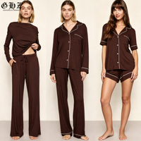 Ensemble de pyjamas pour femmes en viscose de bambou, ensemble de vêtements de détente pour femmes sur mesure ODM, pyjamas d'hiver de luxe, vêtements de nuit, ensemble de pyjamas marron pour femmes