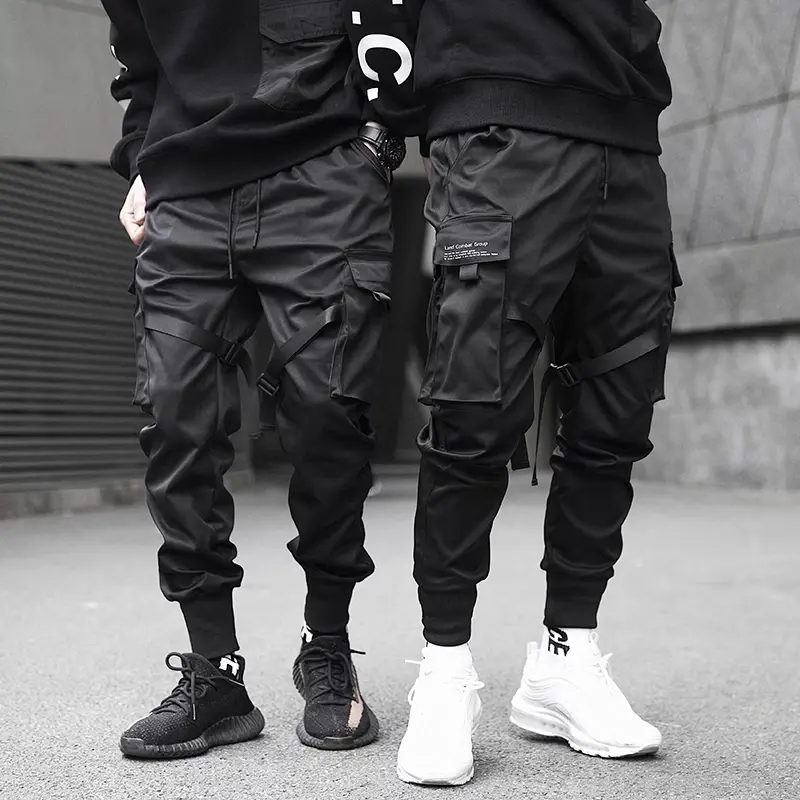 2022 Overalls Black Fashions Baggy Pockets Trousers Men Ribbons Multi-pocket Hip Hop Cargo Pants