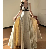 Robe de soirée longue évasée pour femme, style vintage français, sexy, à col licou, décolleté plongeant, avec empiècements en dentelle, nœud et pois, cintrée à la taille, personnalisée