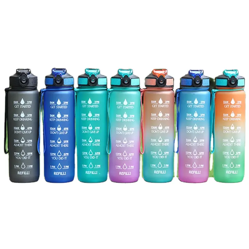Großhandel umwelt freundliche Tritan Kunststoff Sport Wasser flasche mit Zeit markierung benutzer definierte Stroh deckel Getränk motivierende Wasser flasche