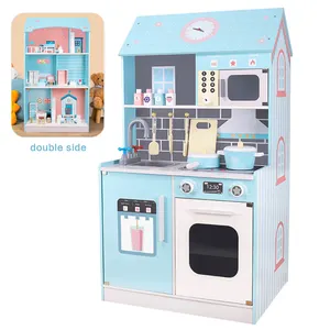 Hot sale simulation 2 in 1 wooden doll house kitchen toys for kids pretend play wood cooking toys kitchen set for kids