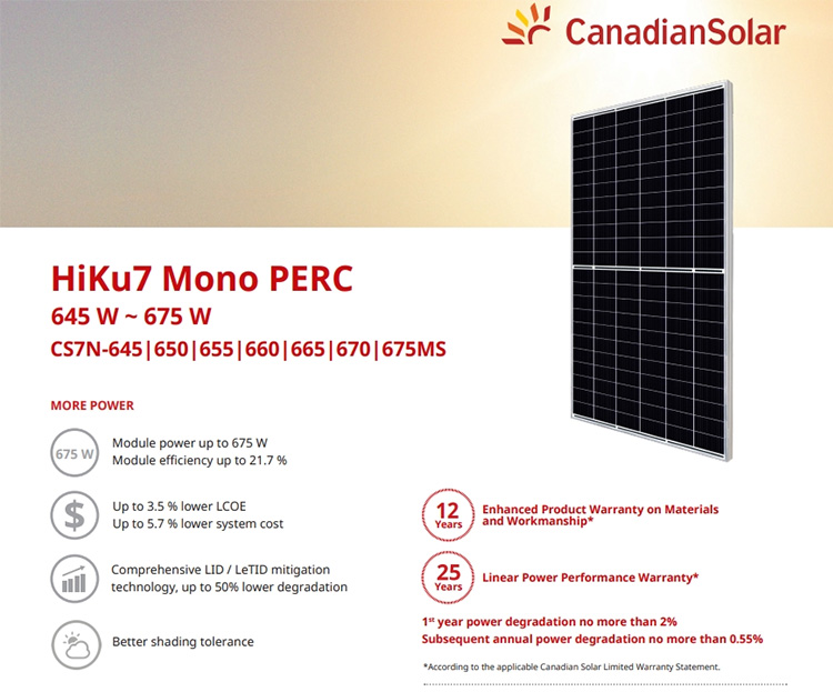 Canadain Solar Panels - Efficient Hiku7 Mono PERC 645-675W