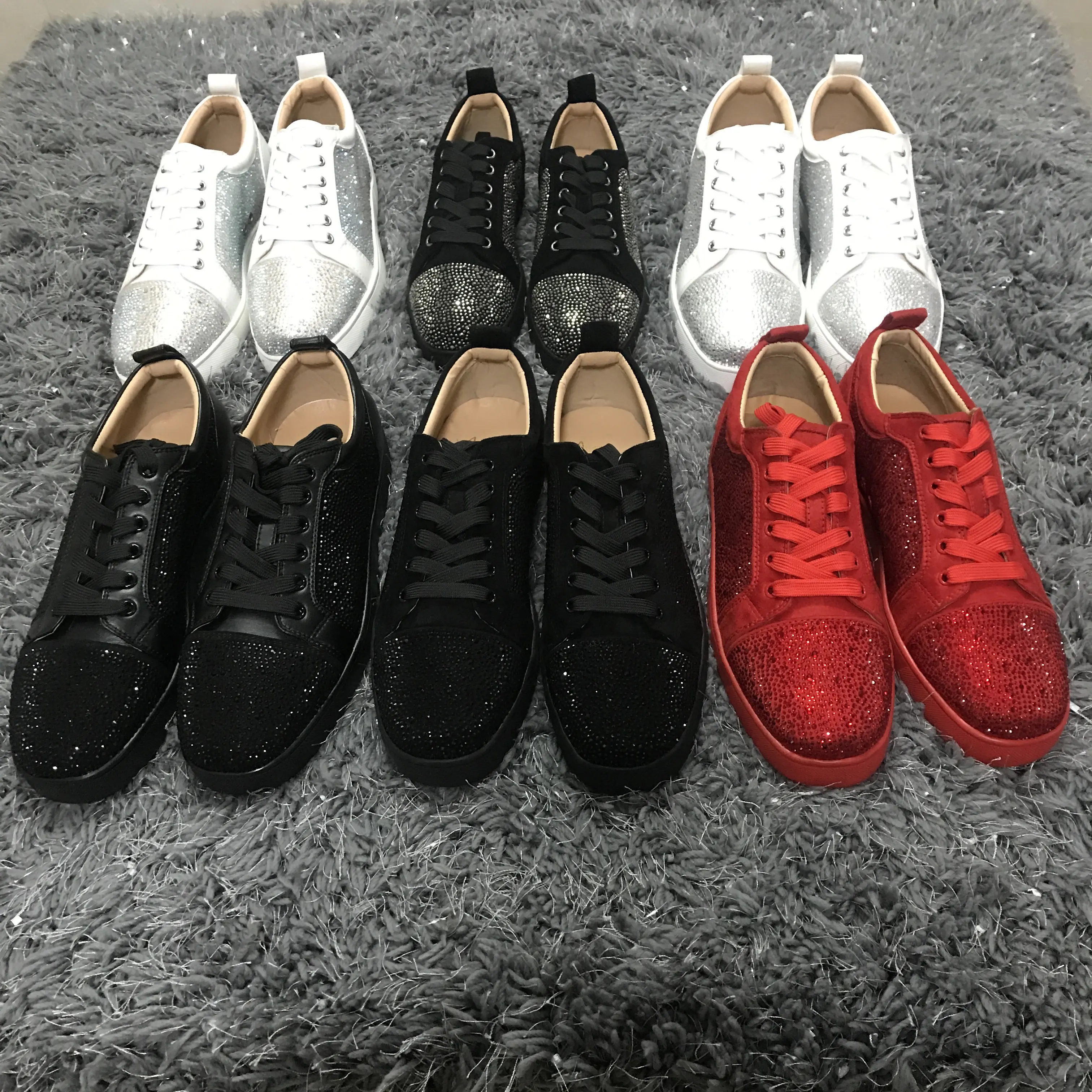 Strass de couro genuíno, sapatos masculinos de fundo vermelho de marca famosa para mulheres