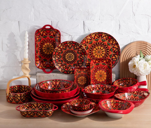 Bohemian Red Mandala Floral Ceramic Dinnerware <b>Set</b>, Customizable Plates Bowls <b>Bakeware</b> for Wholesale - Product Image 2