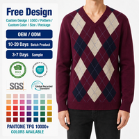 Hochwertiger Herren Argyle Pullover V-Ausschnitt Strickpullover Fein Gestrickt Langarm mit Geripptem Saum OEM ODM Fabrik Maßanfertigung
