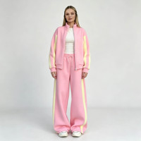 Produsen Pakaian Custom Baggy Casual Streetwear Heavyweight pink Cotton Fleece Zipper Tracksuit Wanita 2 Potong Set