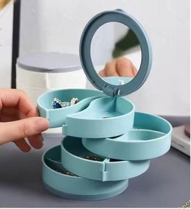 Custom Logo Round 4 Layers Rotating Jewelry Box Organizer With <b>Mirror</b> Modern <b>Plastic</b> Storage Case - Product Image 3