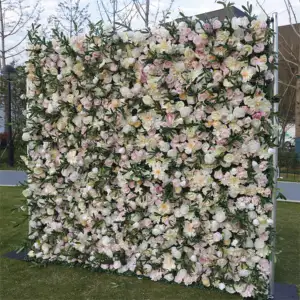Panel dinding bunga mawar buatan, dekorasi latar belakang pernikahan Gulung-Up, Panel dinding bunga mawar buatan, merah muda 8 kaki x 8 kaki dengan bunga simulasi