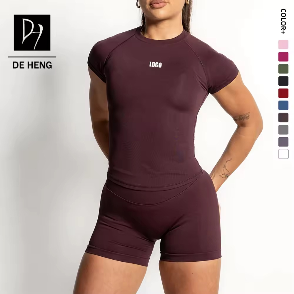 Custom Seamless Sportswear High Elastic Breathable Slim Fit Workout Top Quick Dry Short Sleeve Gym Running Fitness Yoga Shirt