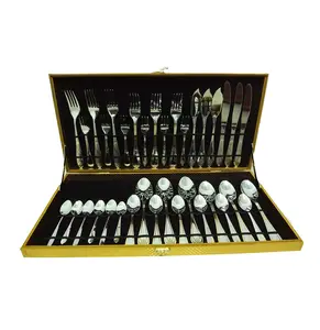 Wholesale western 30pcs flatware sets cubiertos partial handle gold plated stainless steel 36pcs cutlery sets with wood gift box