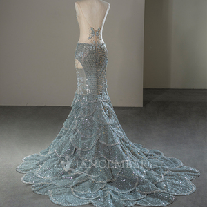 Robe de bal sirène plissée en mousseline bleue Sfy288 avec broderie, ornée de cristaux, strass et sequins pour soirée - Product Image 5