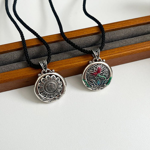 Collier en argent sterling 925 Kaiming avec pendentif pivoine rond, chaîne tressée style chinois rétro pour pull - Product Image 2