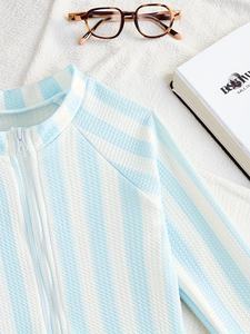 Costume da Bagno per Bambini Little Fresh, Manica Lunga con Zip, Intero, a Righe Blu e Bianche con Fiocco, per Spiaggia e Nuoto - Product Image 5