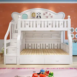 เตียงสองชั้นสำหรับเด็ก,เตียงสองชั้นทำจากไม้สีขาวพร้อมบันไดเฟอร์นิเจอร์ห้องนอน