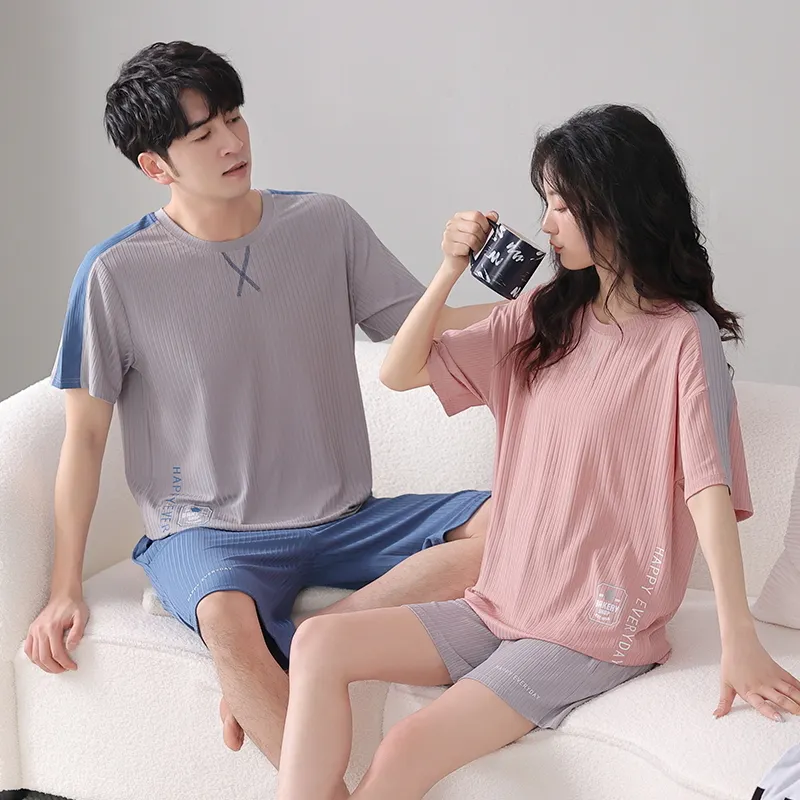 Setelan pakaian tidur pasangan, piyama Premium modal 2 potong pakaian rumah set musim panas lengan pendek pakaian tidur pecinta