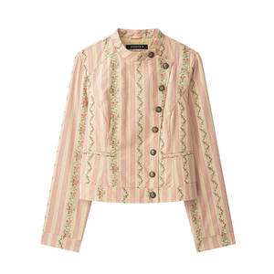 Blazer da donna jacquard a righe floreali personalizzato 2026, <span class=keywords><strong>giacca</strong></span> da ufficio testurizzata con motivo botanico artistico, giacche formali OEM/ODM - Product Image 1