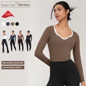2 In 1 Piece Women Contrasting Color Workout Crop Shirt V Neck Long Sleeve Yoga Tops