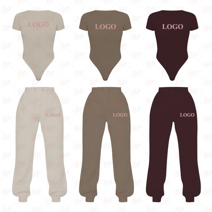 Custom LOGO Organic Cotton 2 Piece Crop Top Bodysuit Jogger Set heavyweight sweatpants Two Piece Sets Outfits Women Clothing