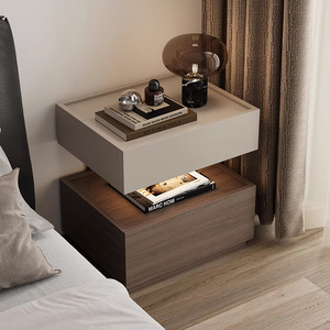 Italian <strong>Minimalist</strong> Wooden <strong>Bedside</strong> <strong>Table</strong>, 2 Drawer Bedroom Nightstand with LED Ambient Light &amp; Anti-slip Tabletop - Product Image 1