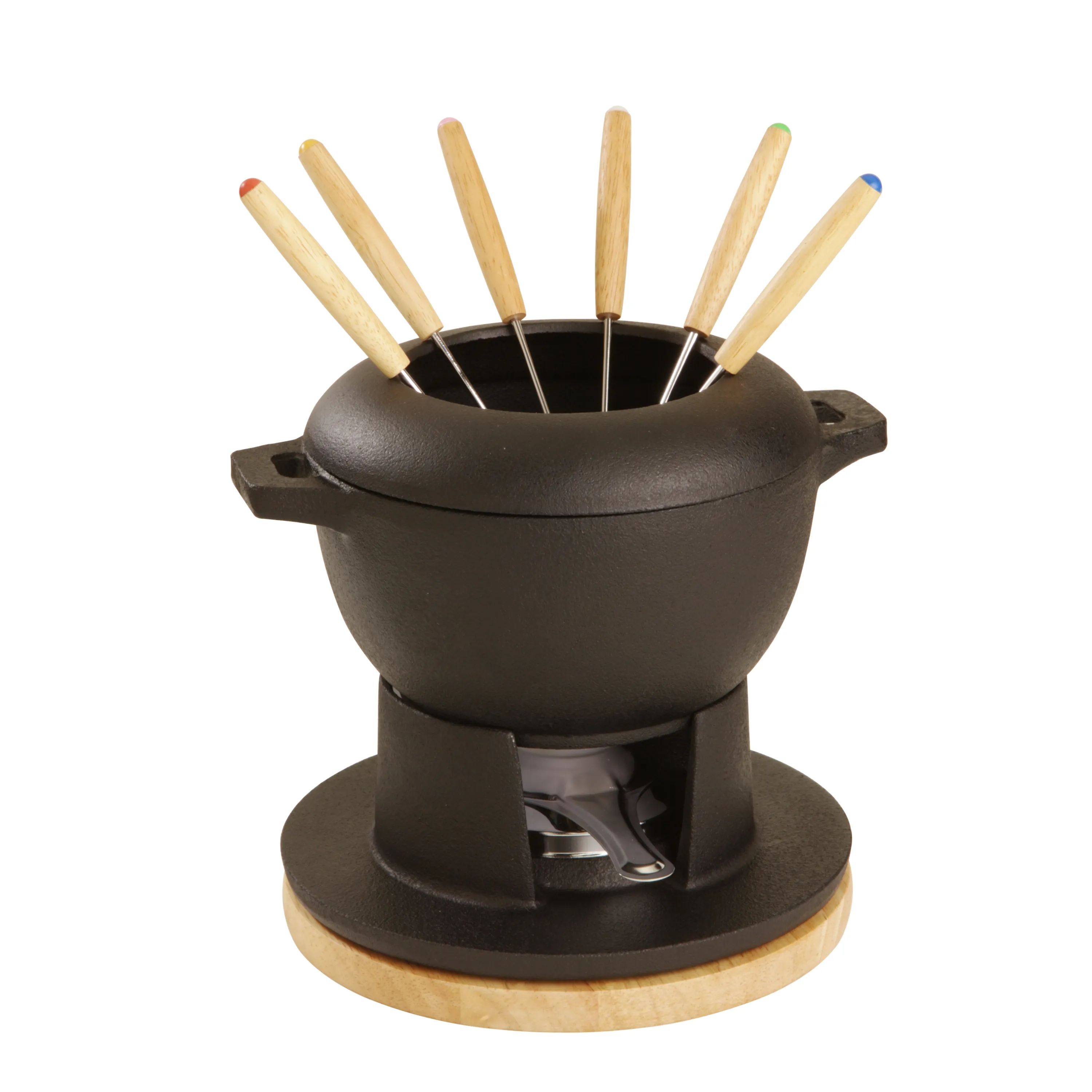 Gietijzeren Fondue Set Met Zwart Rubber Houten Lade