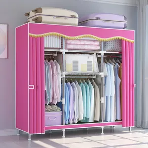 厂家直销便携式衣柜，带强力钢管框架组装柜，带灰色中殿蓝色粉色封面