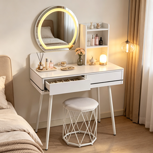 Modern Makeup Vanity <b>With</b> Lighted Mirror <b>Storage</b> Drawers Bedroom <b>Dressing</b> <b>Table</b> <b>With</b> Stool - Product Image 4