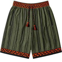 Shorts de sport respirants en maille vert olive à rayures verticales avec poches latérales zippées, style streetwear, vente en gros
