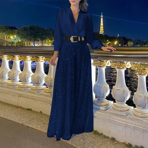 Robe pour <span class=keywords><strong>femme</strong></span> avec col en V et manches longues, adaptée au printemps et à l'automne, élégante avec des paillettes, pantalon large de style français - Product Image 2