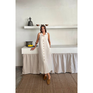 Vestido de Lino sin Mangas con Cuello Camisero, Blanco, Casual, Largo Midi, Vestido de Verano para Mujer - Product Image 3