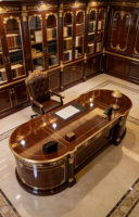 Bureau de direction en bois massif sculpté européen, laqué brillant, avec armoire latérale, bureau de direction en forme de L