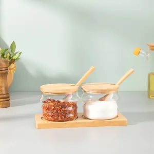 Condiments Salt sugar pepper container Bowl empty glass spice jar Group 2 Seasoning storage tank with bamboo spoon tray