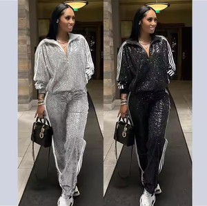 Pantalones de chándal a juego con cuello levantado de manga larga y lentejuelas de otoño para mujer, chándal de 2 piezas con patrón sólido para ropa informal de calle - Product Image 1