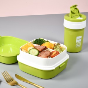 สองชั้นพลาสติกทนทานไมโครเวฟปลอดภัยช่องกล่องเบนโตะสลัดเสิร์ฟชามภาชนะบรรจุอาหารที่มีขวดชุด - Product Image 2