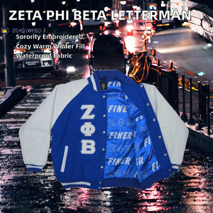 เสื้อแจ็คเก็ตบอมเบอร์ไนลอนลำลองสำหรับผู้ชายปักลาย Zeta Phi Beta Sorority สำหรับฤดูหนาว |   ZPB Soror ผ้าแคนวาสปักลาย คอตั้งด้านหน้า - Product Image 2