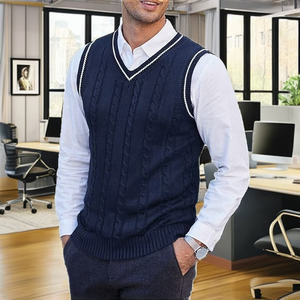 PRIMEAGE INDUSTRIES Gilet pull sans manches élégant pour homme, col en V, en laine/polyester respirant, design uni décontracté pour l'automne - Product Image 2
