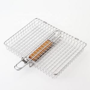 Cesta perforada para verduras de acero inoxidable con mango de madera, accesorios para parrilla, para cocina exterior, universal para barbacoa - Product Image 3