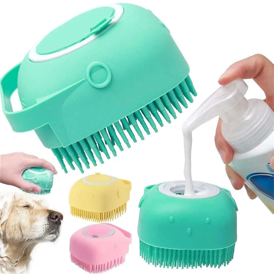 Sikat pijat mandi hewan peliharaan silikon kustom Dispenser sampo sikat mandi silikon perawatan anjing