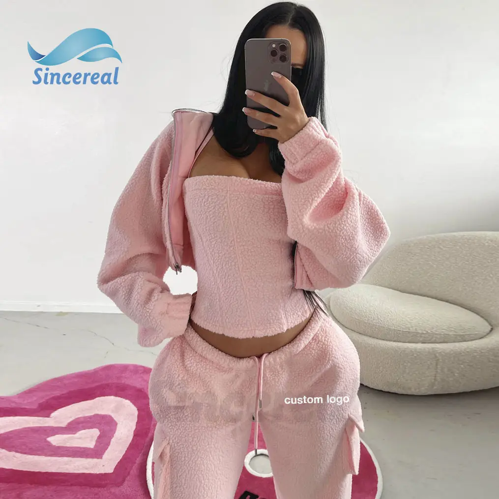 Custom Logo Outfit Polar Fleece Crop Top Zip Up wool Hoodie set winter fleece tracksuit Jacket Pants Joggers women Sweatsuit set