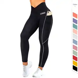 Leggings réfléchissants en forme de V à taille croisée pour femmes Leggings de gymnastique Scrunch leggings pour fesses Crossover V Cut Leggings avec poche